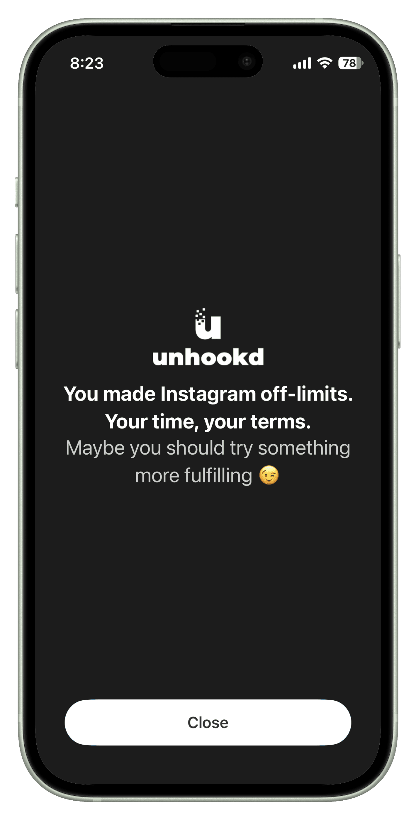 unhookd blocking screen: Instagram stays locked until you choose to open it